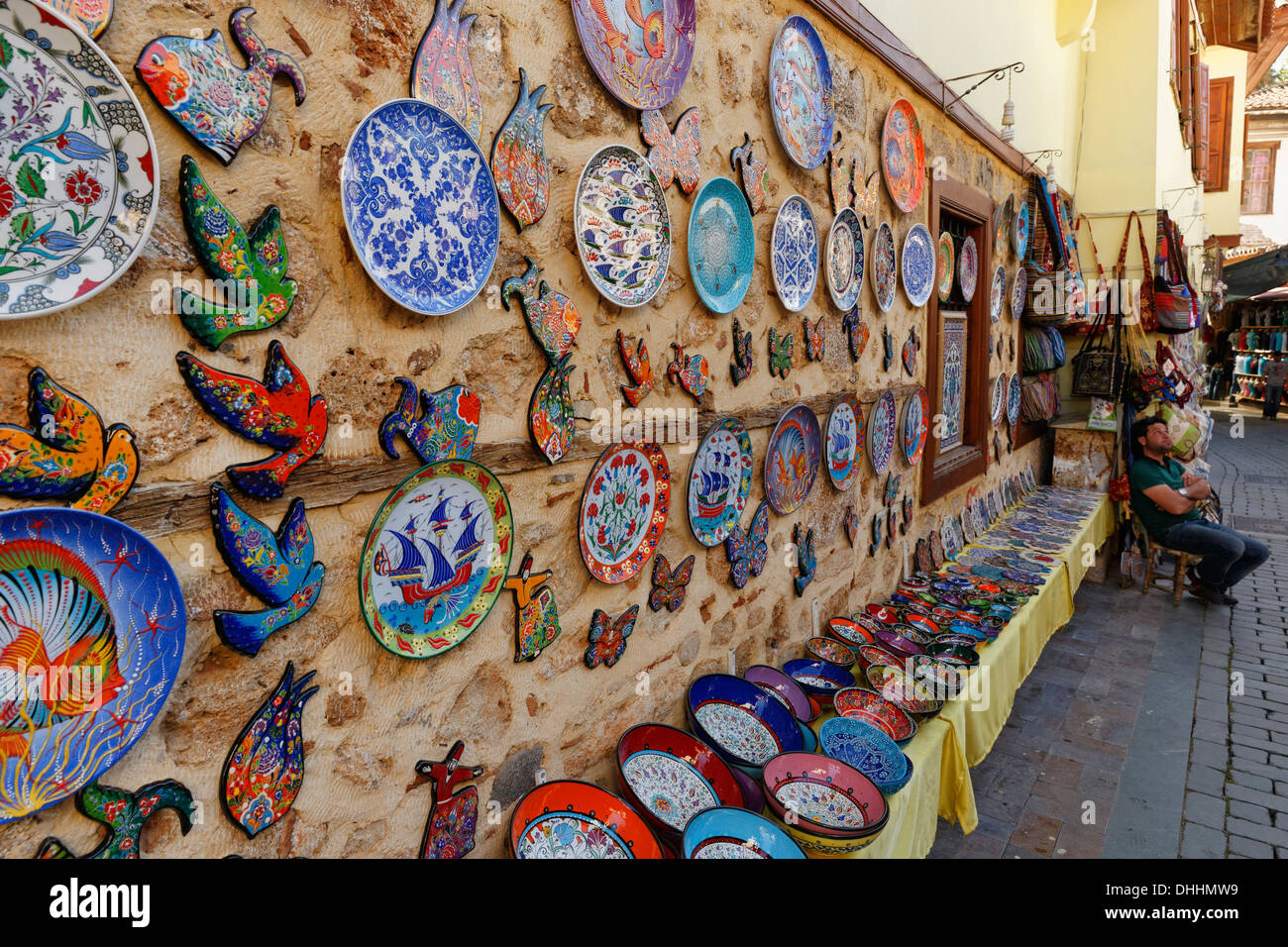 Ceramic plates as souvenirs, Kaleiçi, Antalya, Antalya Province, Turkey Stock Photo