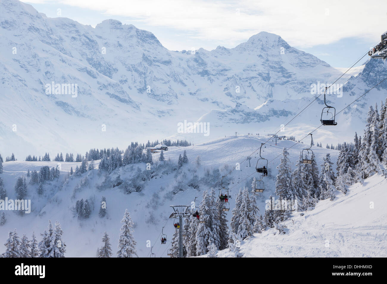 Skilift, Allmendhubel, Muerren-Schilthorn skiing area, Muerren, Lauterbrunnental, Jungfrauregion, Bernese Oberland, Canton Bern, Stock Photo