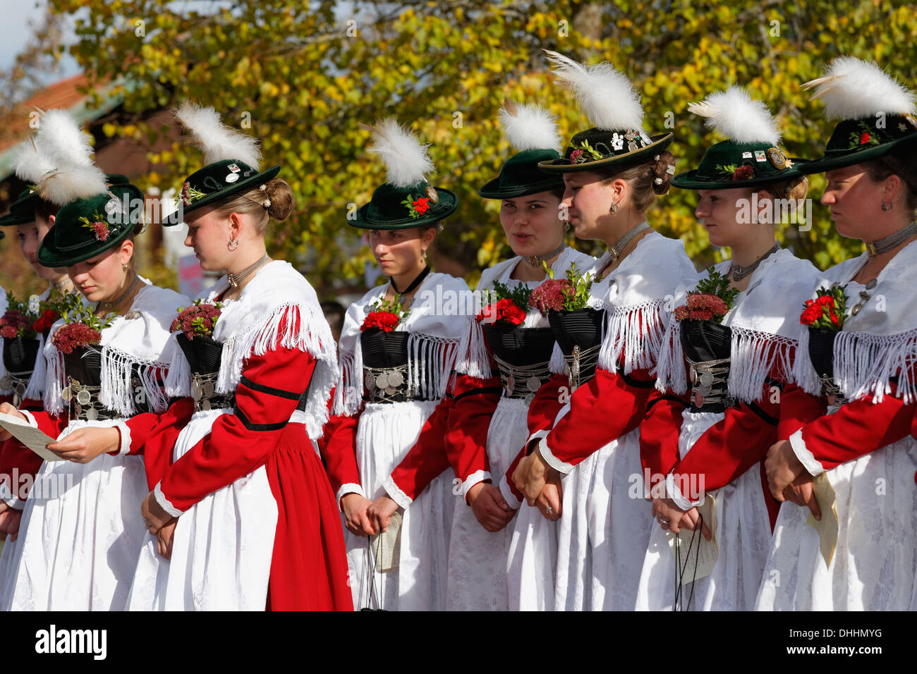 Young women wearing traditional costume during the Leonhardiritt procession, Wildsteig, Pfaffenwinkel region, Upper Bavaria Stock Photo
