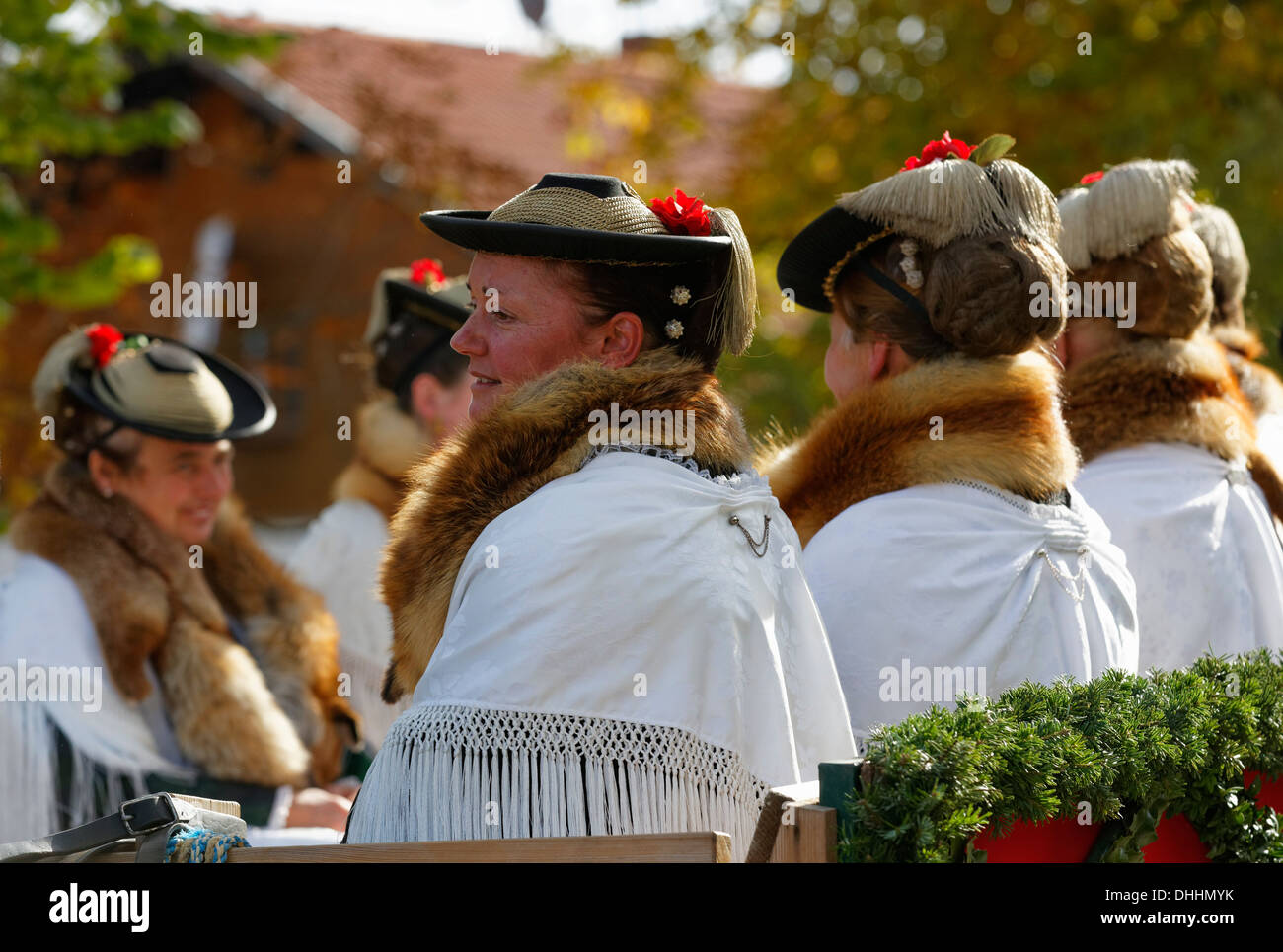 Leonhardiritt procession, women wearing traditional dress with fox stoles, Wildsteig, Pfaffenwinkel region, Upper Bavaria Stock Photo