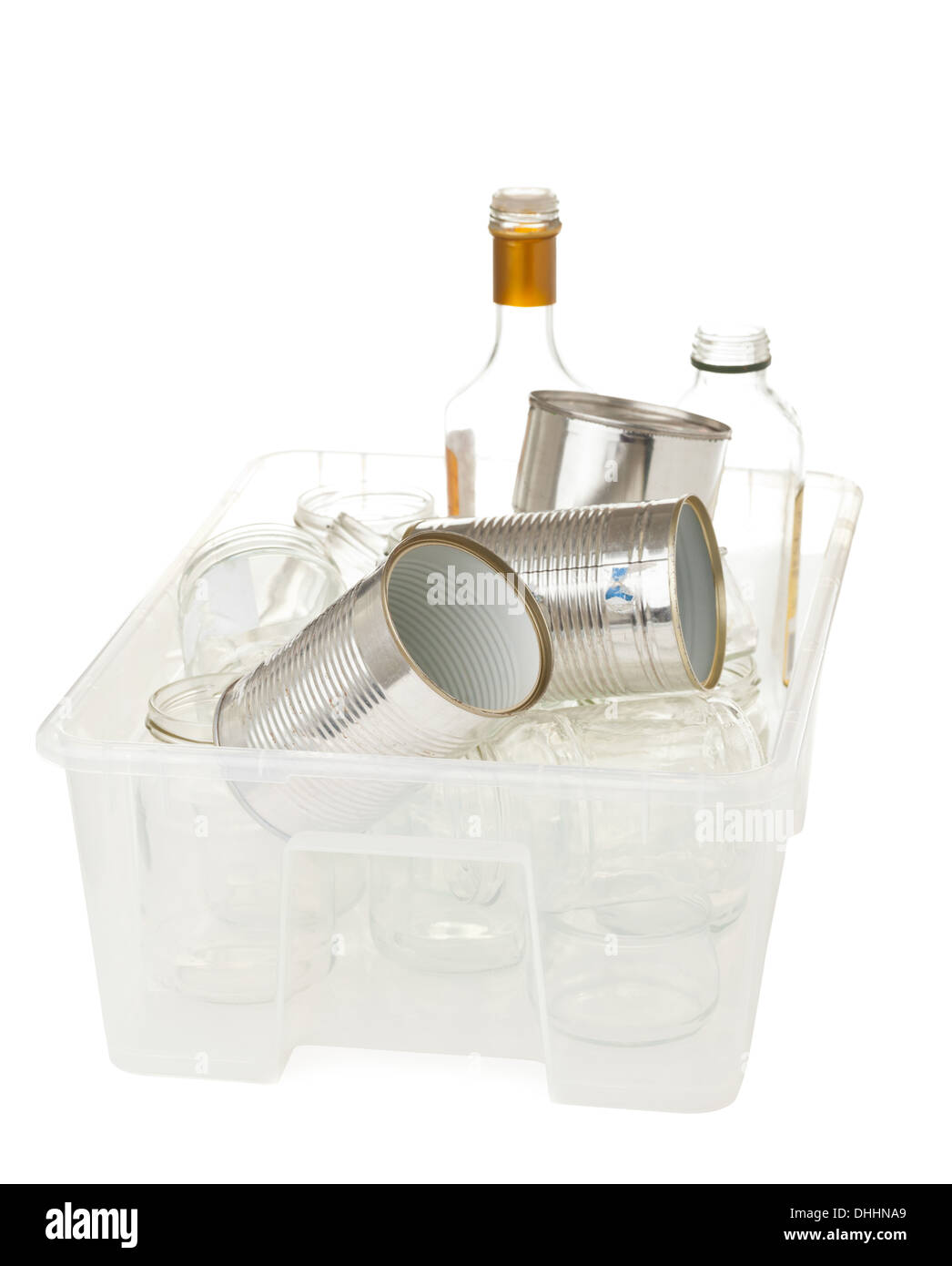 Collected glass bottles and tin cans in plastic box collected for recycling on white background Stock Photo
