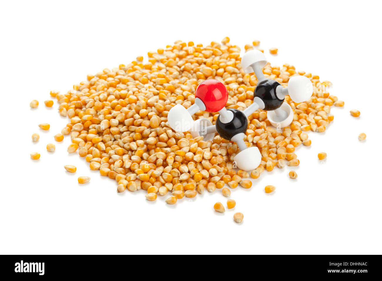 Ethanol chemical model on corn kernels biofuel concept Stock Photo
