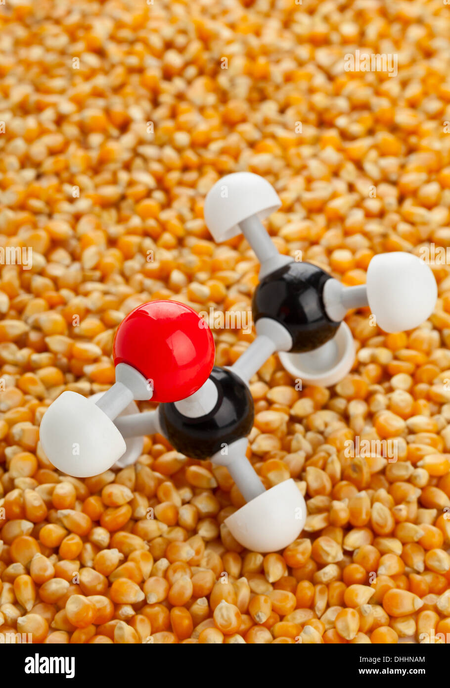 Ethanol chemical model on corn kernels biofuel concept Stock Photo