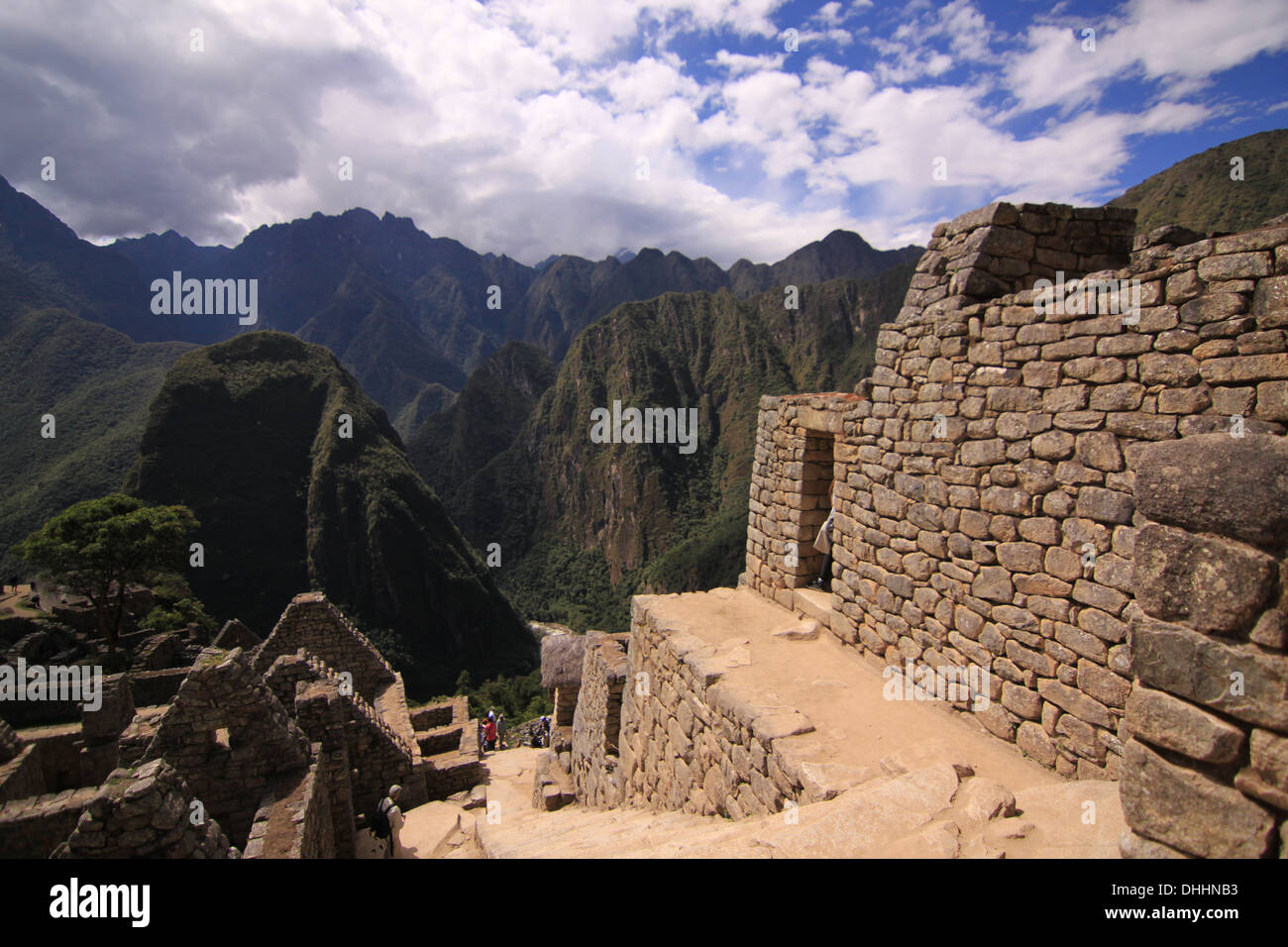 Stone walls and steps at Machu Picchu archaeological site, Cuzco, Peru ...