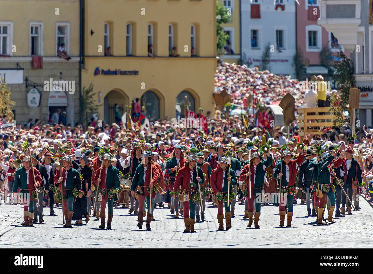 Bailiffs at the front of the wedding procession in medieval costumes to celebrate 'Landshut Wedding 1475', historic center Stock Photo