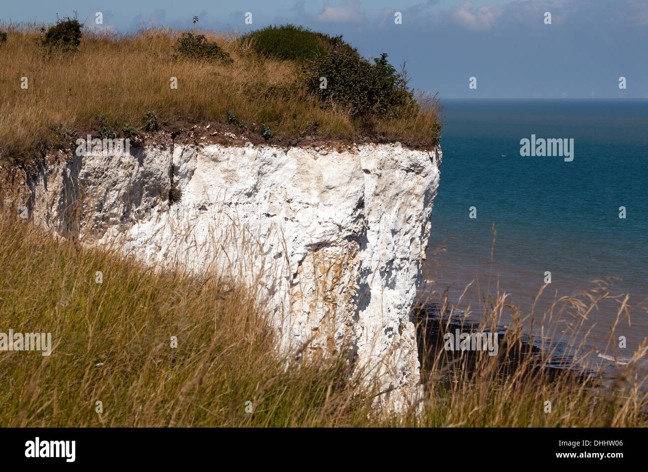 View of the chalk cliffs, looking out towards the English Channel, on the Saxon Sore Way, between Kingsdown and St Margret's Bay Stock Photo