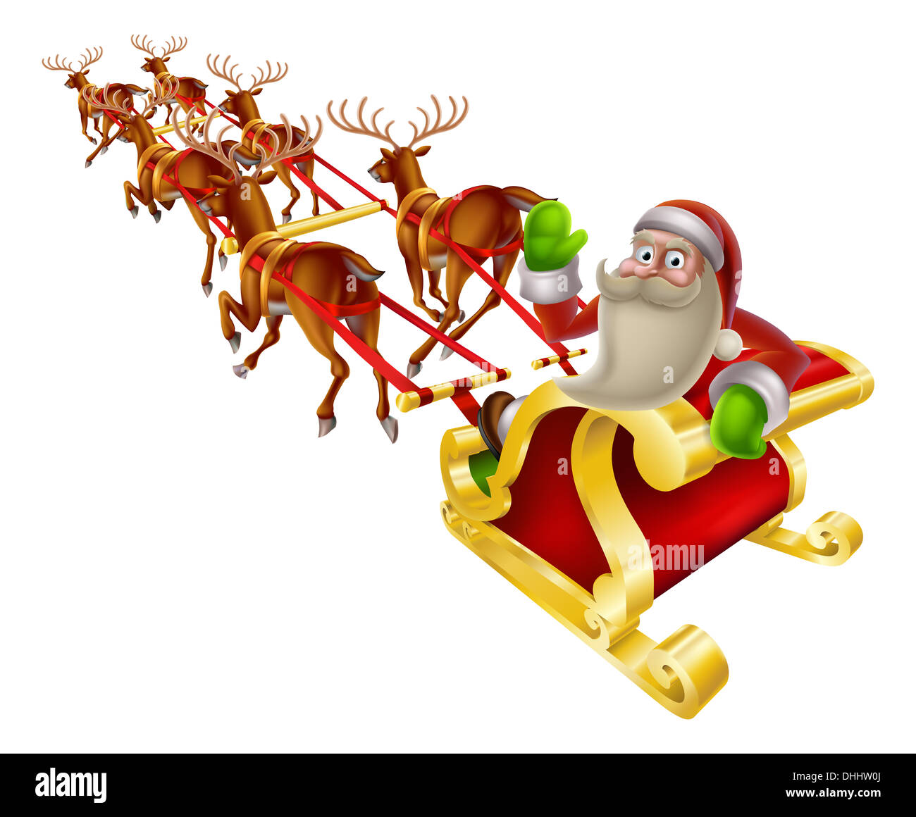 Cartoon Santa in his Christmas sleigh waving back at the viewer Stock Photo