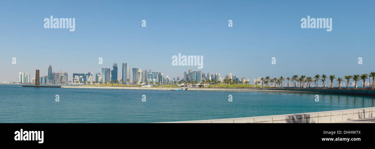The Doha, Qatar, 21st Century skyline viewed from Museum Park, near the heart of the original city, in November 2013. Stock Photo