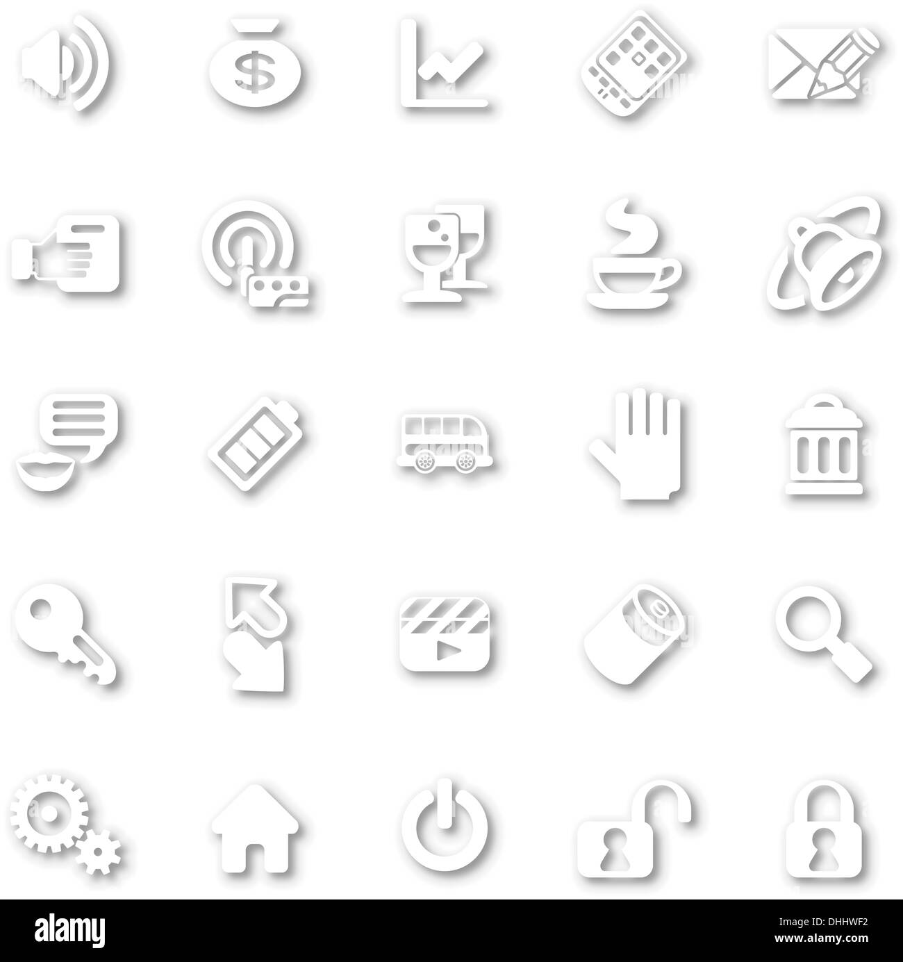 A white minimalist style cutout icon set with drop shadows for all your web and app needs Stock Photo