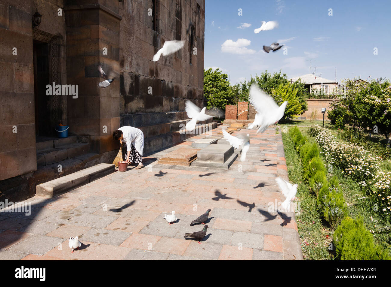 Flight of doves at Surp Gayane church. Echmiadzin, Armenia Stock Photo