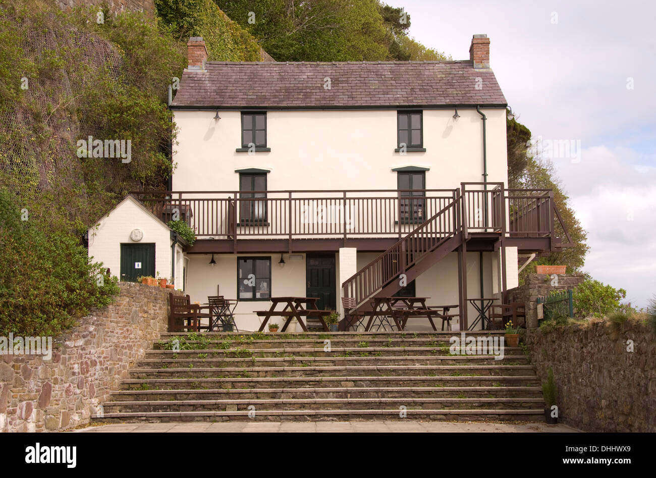 Laugharne,Carmarthen,Wales,UK the home of poet Dylan Thomas,showing the Boathouse,writing hut,castle,Brown's hotel,grave.a UK Stock Photo