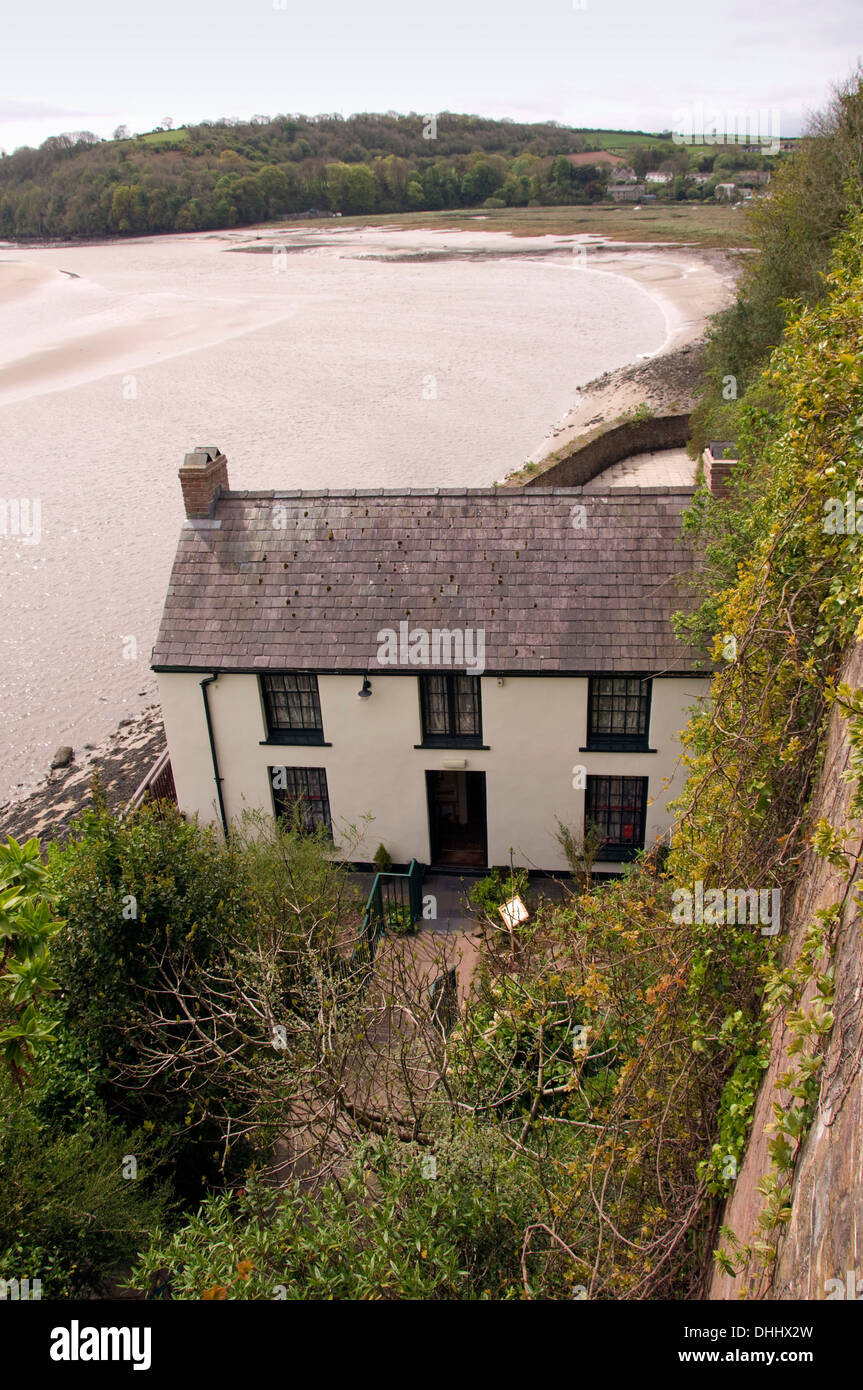 Laugharne,Carmarthen,Wales,UK the home of poet Dylan Thomas,showing the Boathouse,writing hut,castle,Brown's hotel,grave.a UK Stock Photo