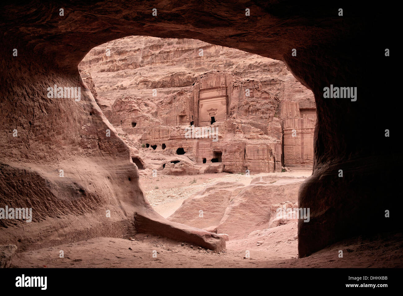 view out of cave tomb at Royal Tombs in Petra, UNESCO world herritage, Wadi Musa, Jordan, Middle East, Asia Stock Photo