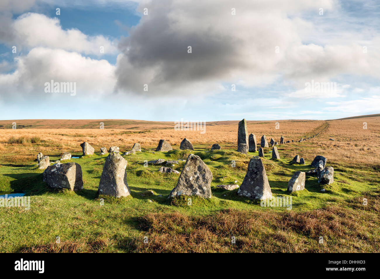 Stone Circle and Stone Row alignment at Down Tor on Dartmoor National Park in Devon also known as Hingston Hill Stock Photo