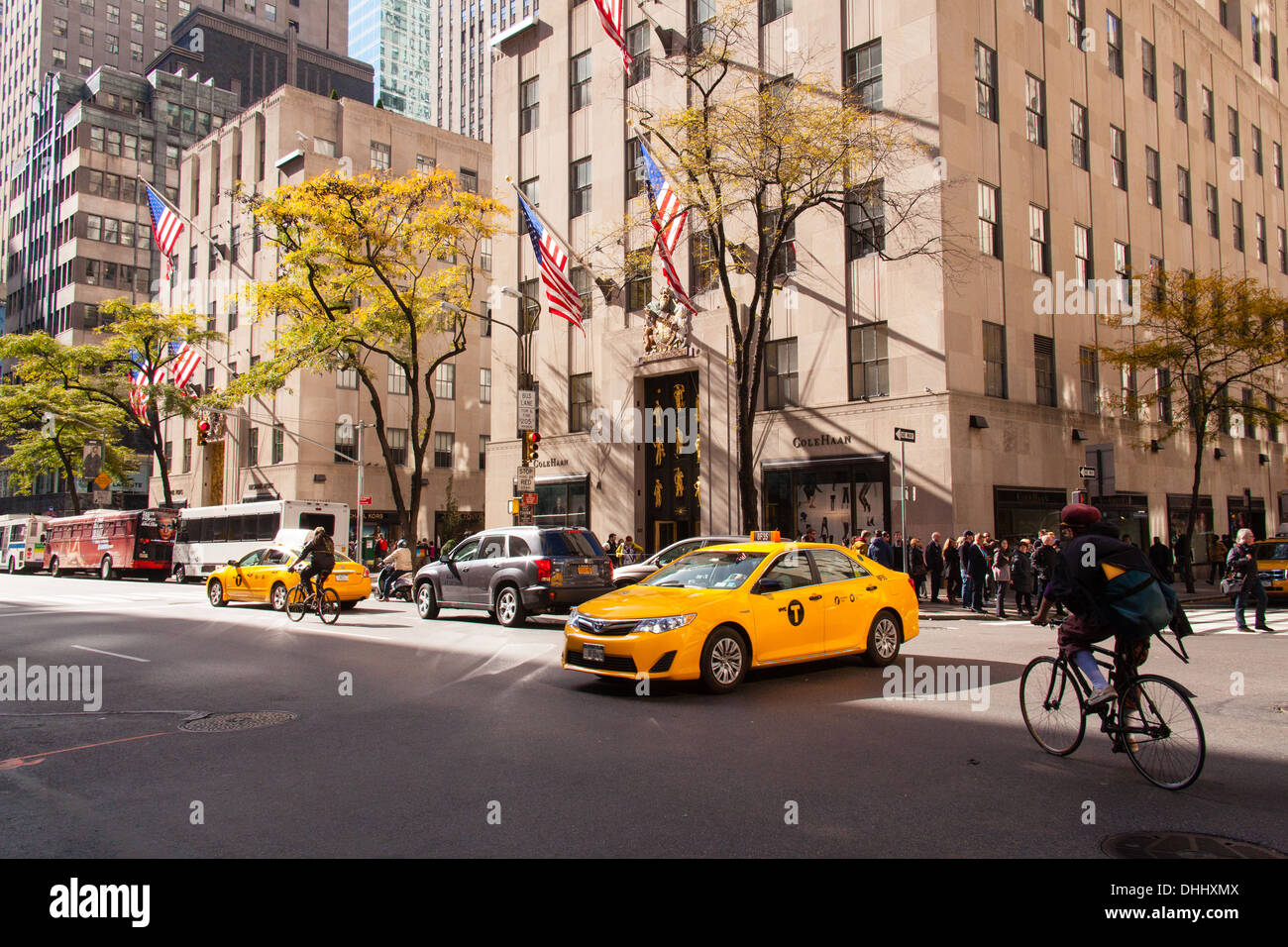 Yellow taxi cabs, Fifth Avenue, New York City, United States of America. Stock Photo