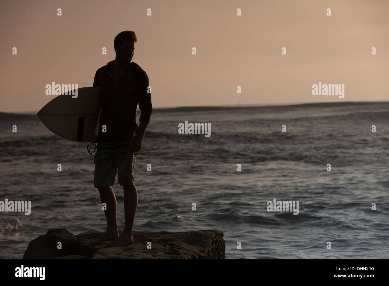 Silhouette of young male surfer, San Diego, California, USA Stock Photo