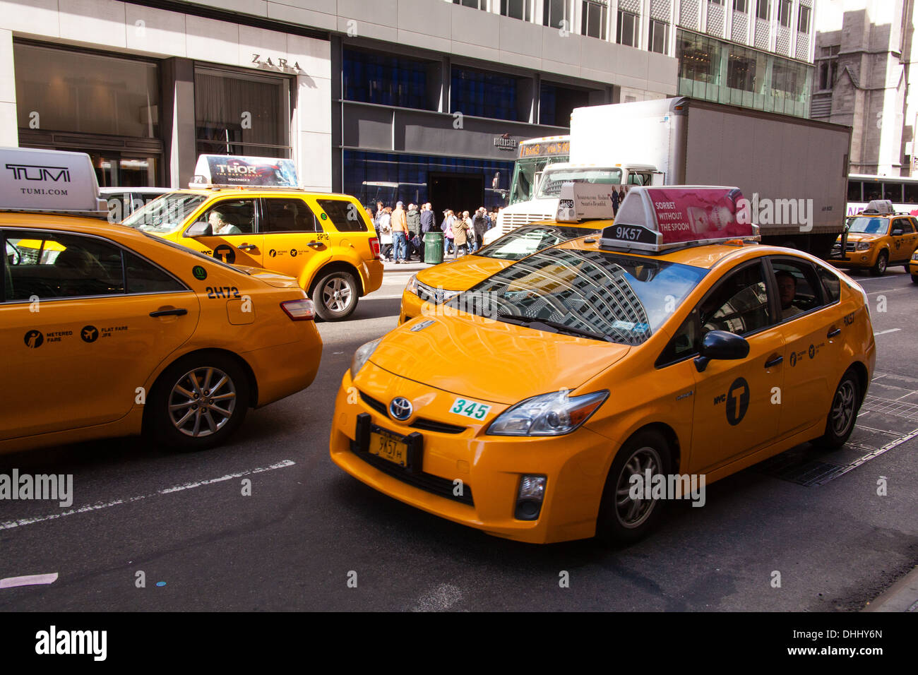Yellow taxi cabs, Fifth Avenue, New York City, United States of America. Stock Photo