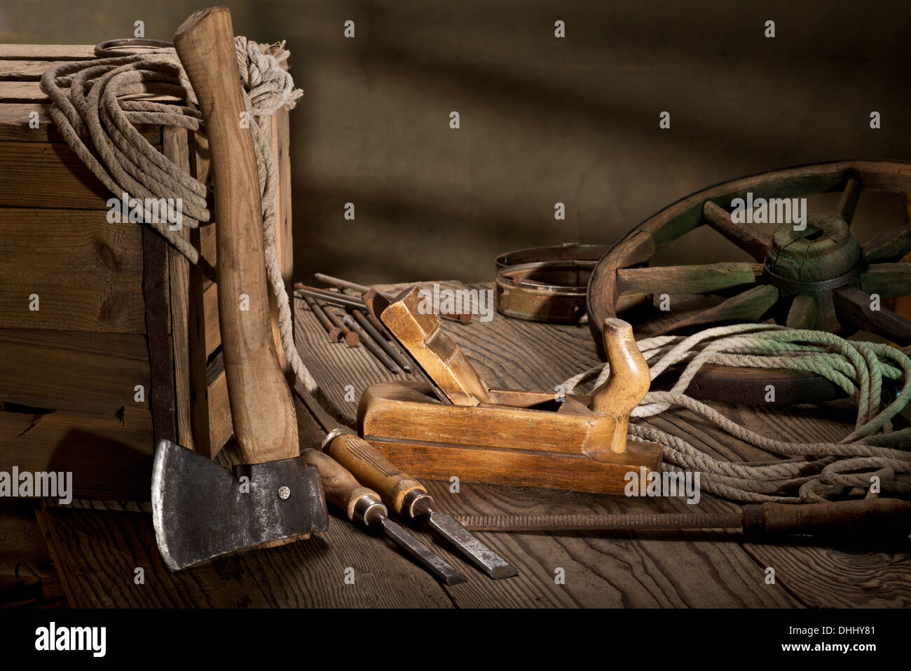 still life with plane and old tools Stock Photo