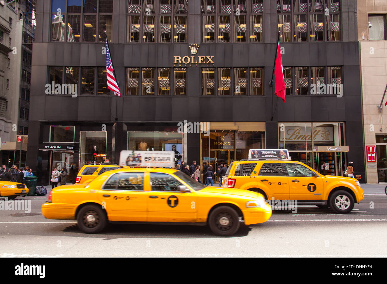 Yellow taxi cabs, Fifth Avenue, New York City, United States of America. Stock Photo