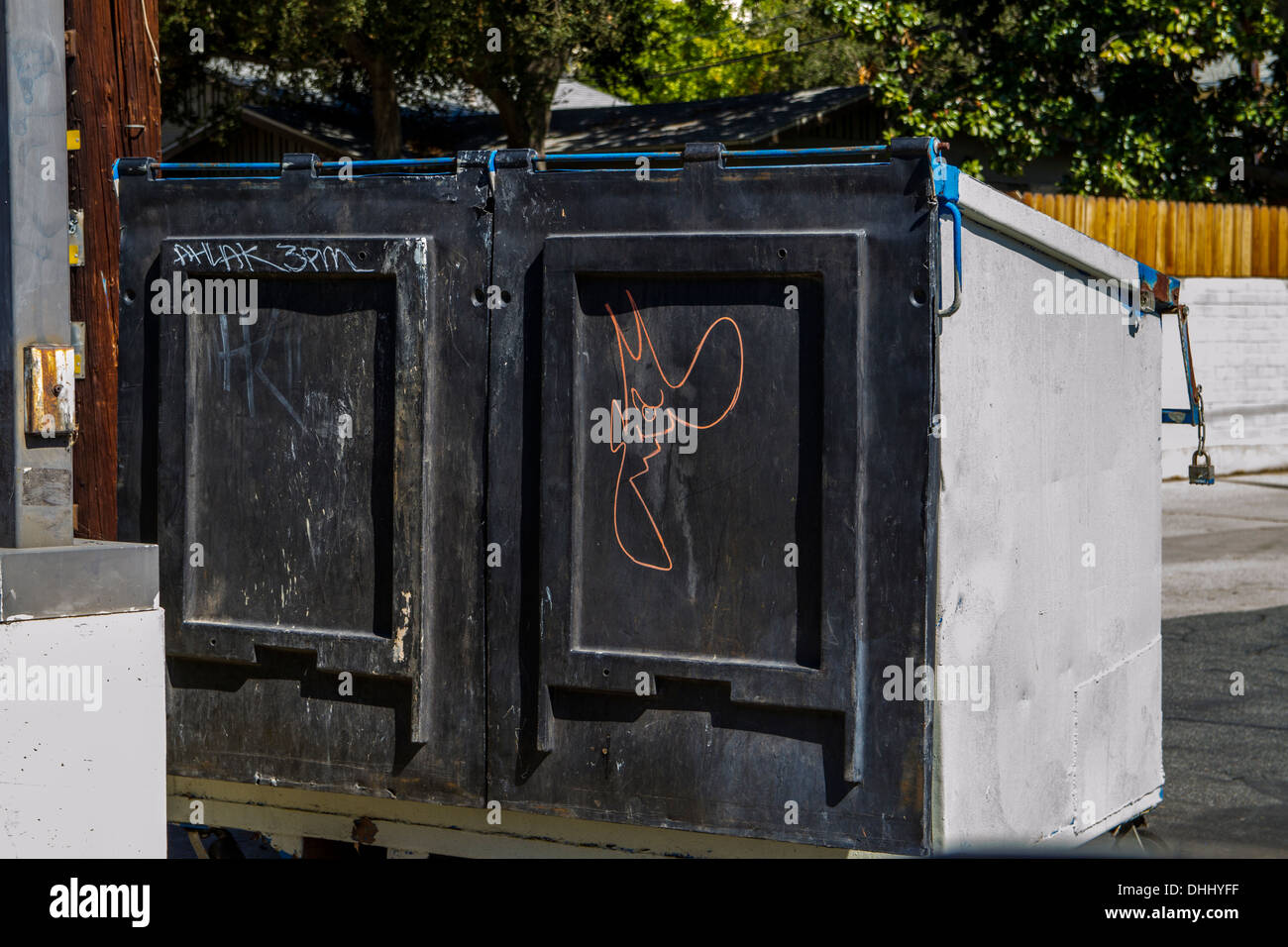 A dumpster with graffiti on it in Pasadena California Stock Photo