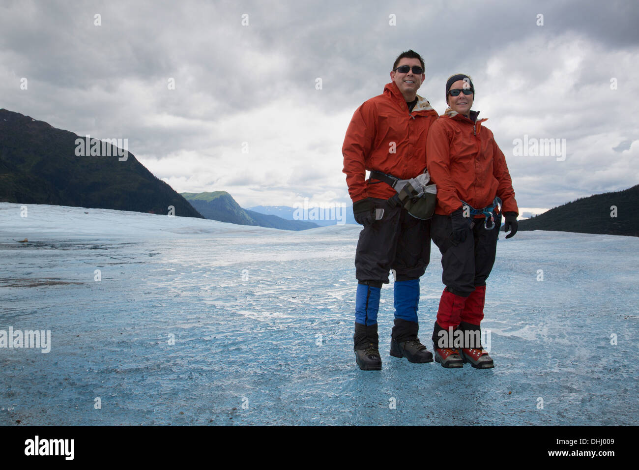 Couple on Mendenhall Glacier, Alaska, USA Stock Photo