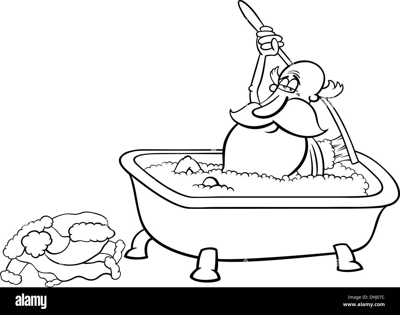 Black and White Cartoon Illustration of Santa Claus taking a Bath after Christmas for Coloring Book Stock Photo