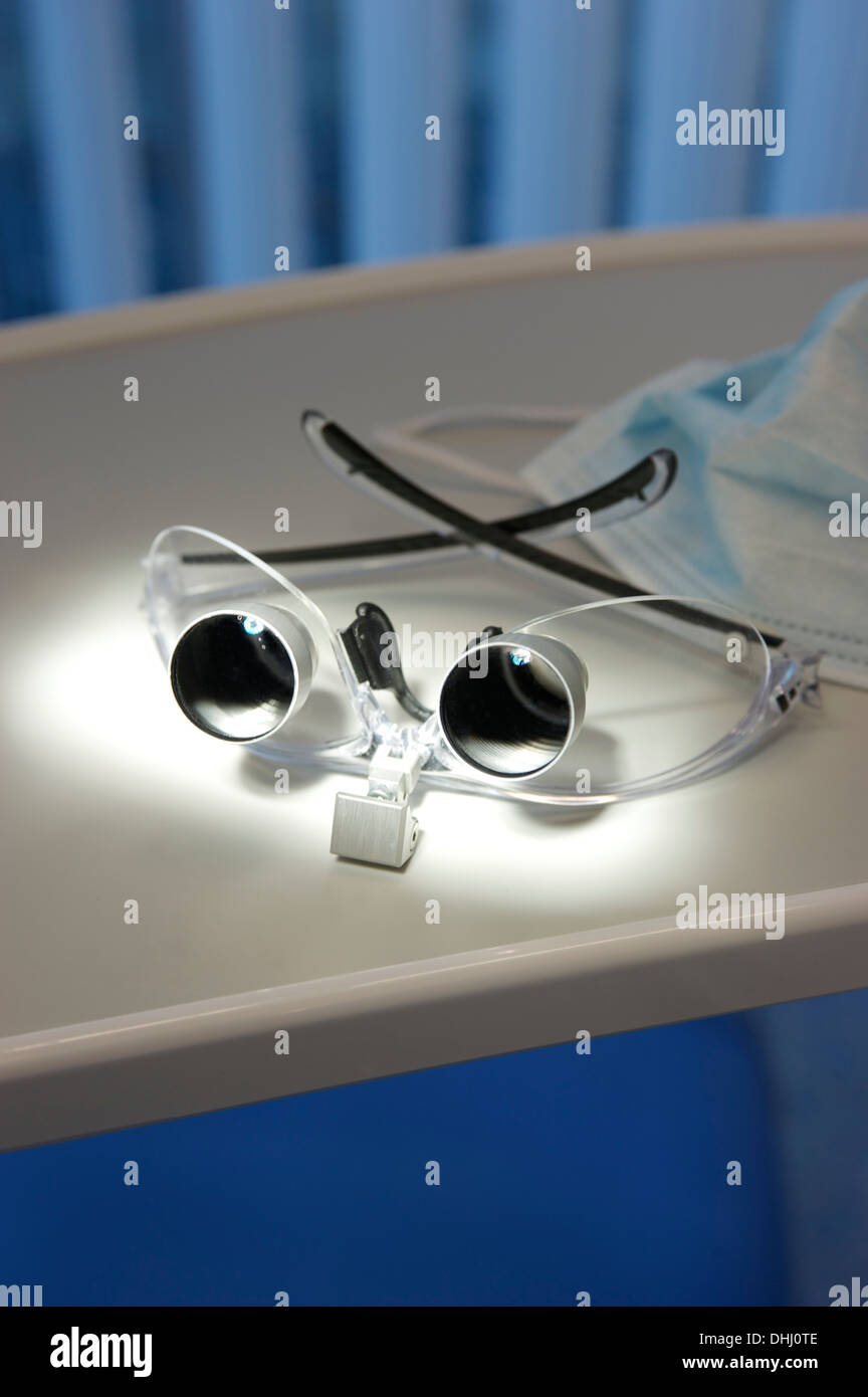 Close up of magnifying glasses and surgical mask in dental office Stock Photo