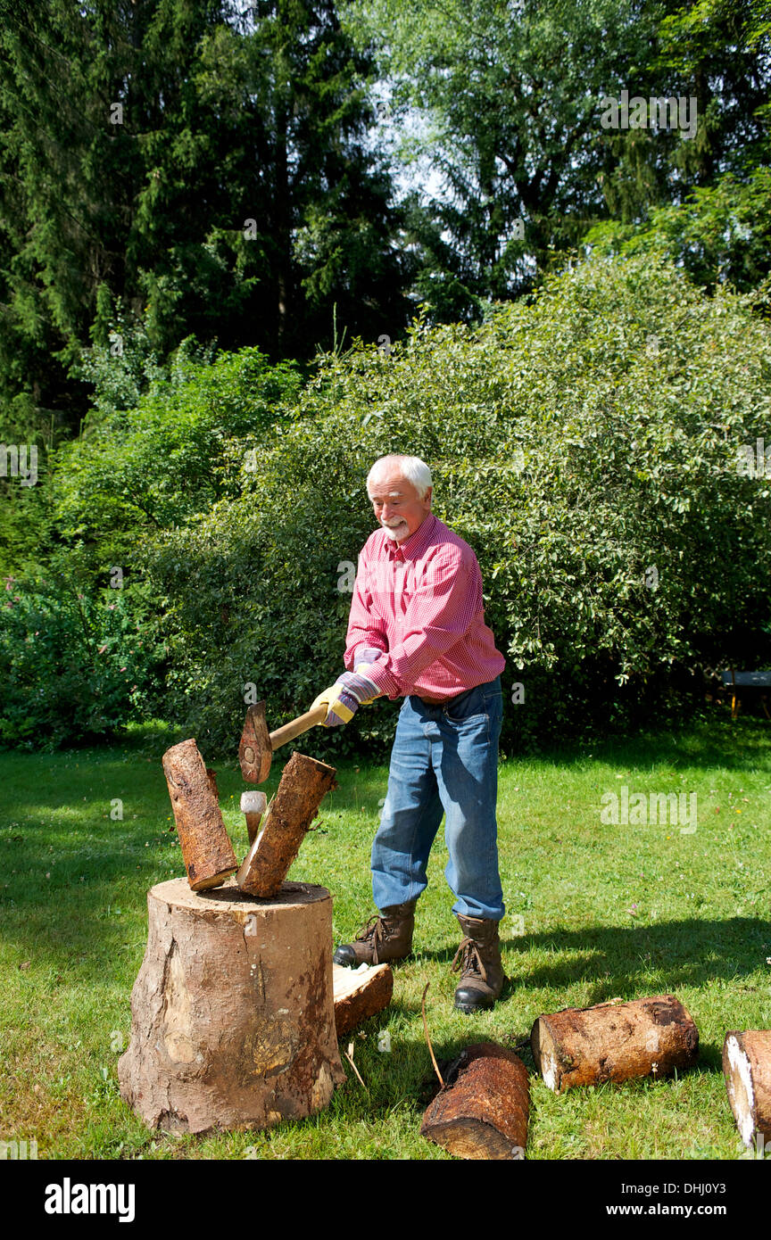 Senior man chopping logs in garden Stock Photo
