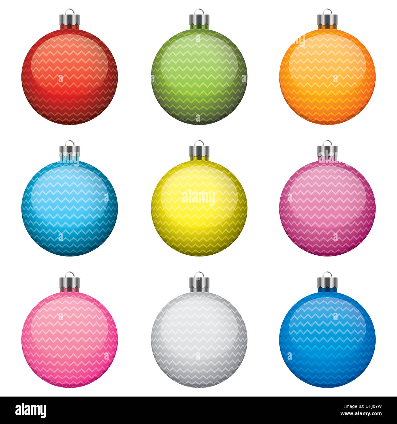 Christmas baubles, different colors and patterns, isolated on white background Stock Photo