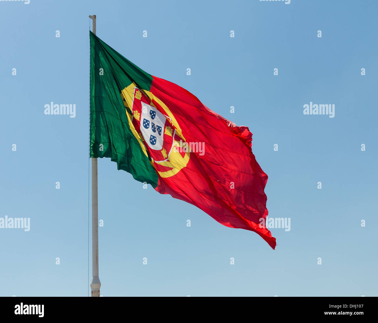 The Flag of Portugal or Bandeira de Portugal is the national flag of the Portuguese Republic. Stock Photo