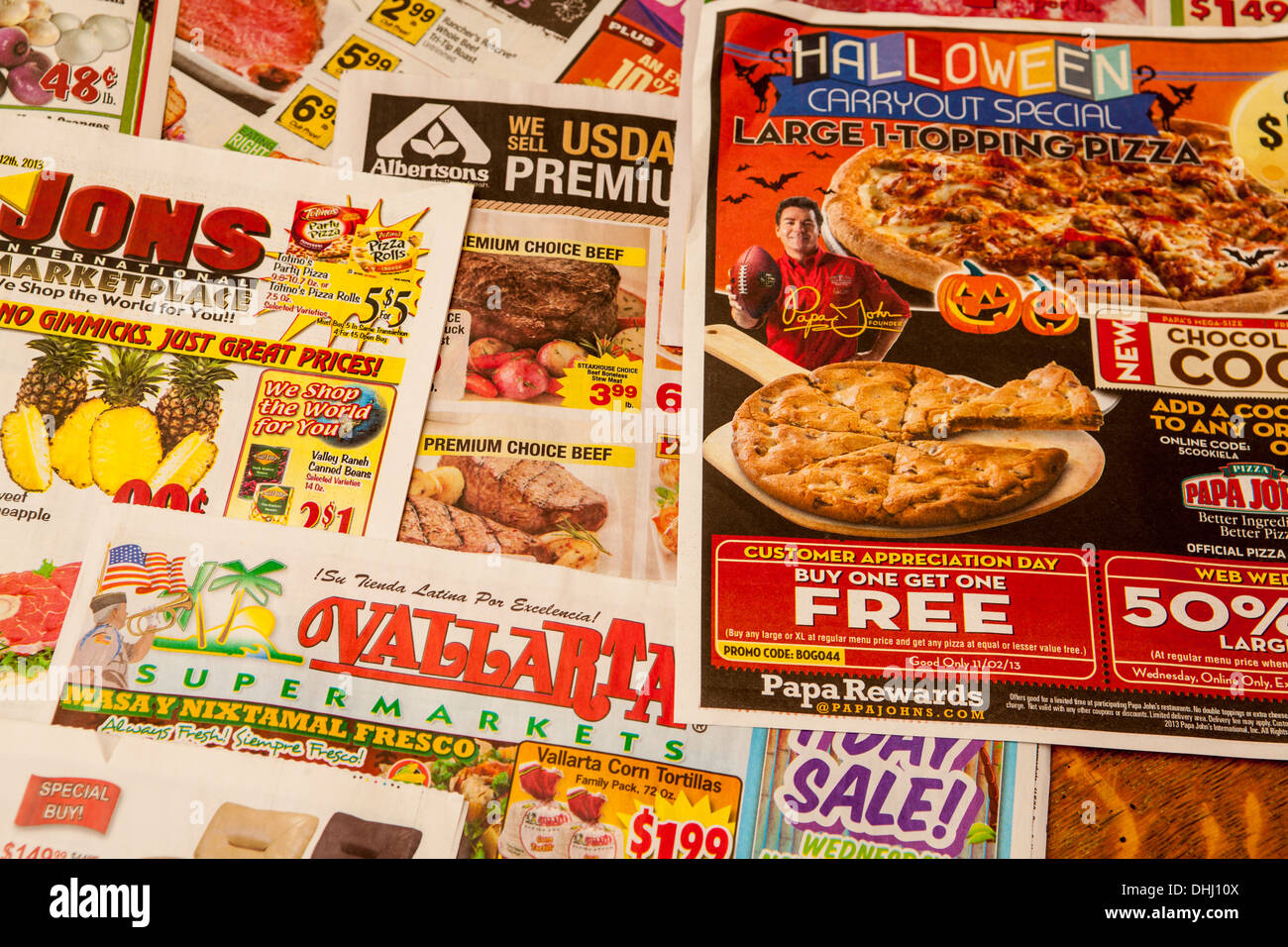 Los Angeles California grocery store advertisements that arrive through the mail on Tuesdays for weekly sales starting Wednesday Stock Photo