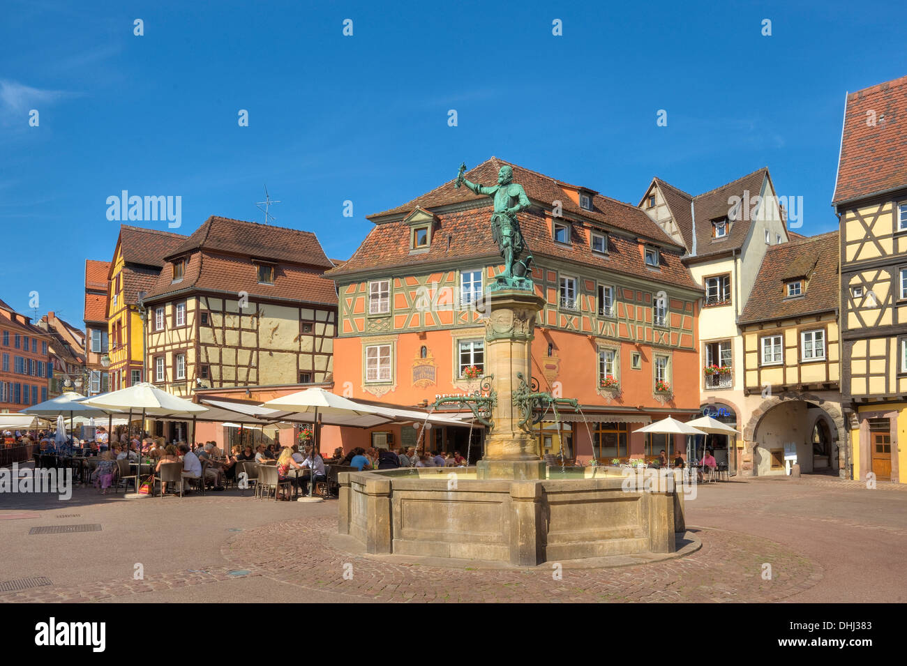 Schwendi well in front of half timbered houses, Colmar, Alsace, France, Europe Stock Photo