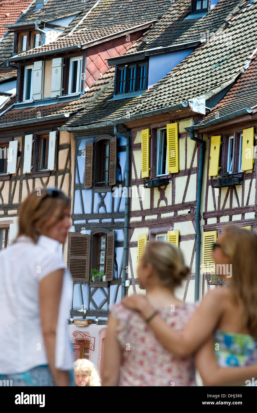 Woman and daughters in Petite Venise, Colmar, Alsace, France Stock Photo