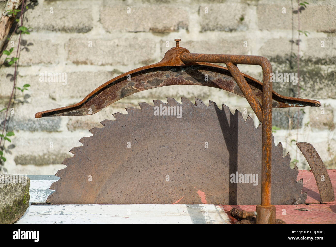 An old circular saw for cutting logs, driven by a belt from a tractor. Modbury. Devon. UK Stock Photo