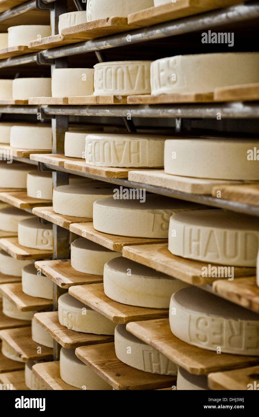 Cheese loaves in a cheese dairy, Les Hauderes, Valais, Switzerland Stock Photo