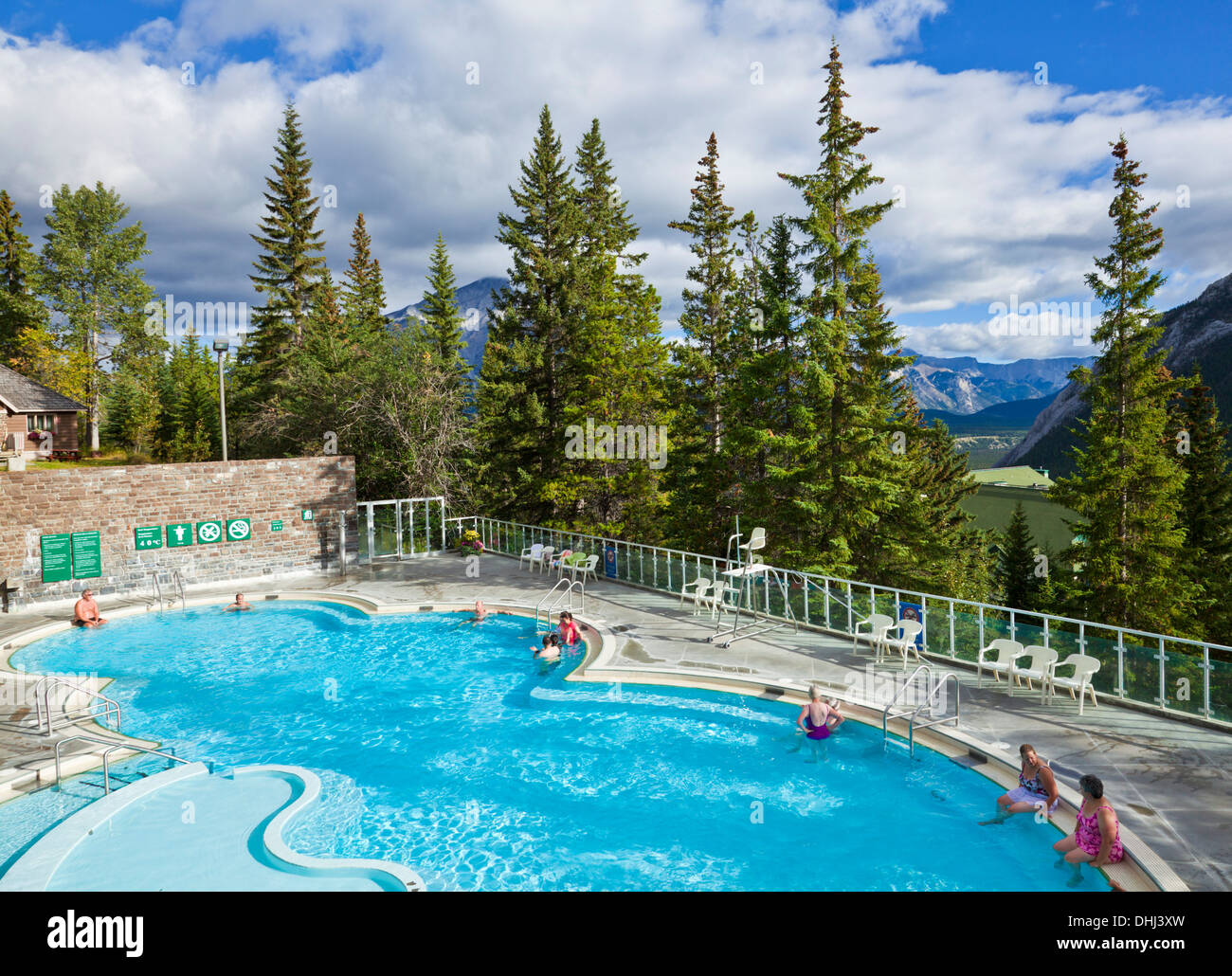 People in the hot water at the Upper Hot Springs Pool Banff township Banff National Park Alberta canada Stock Photo