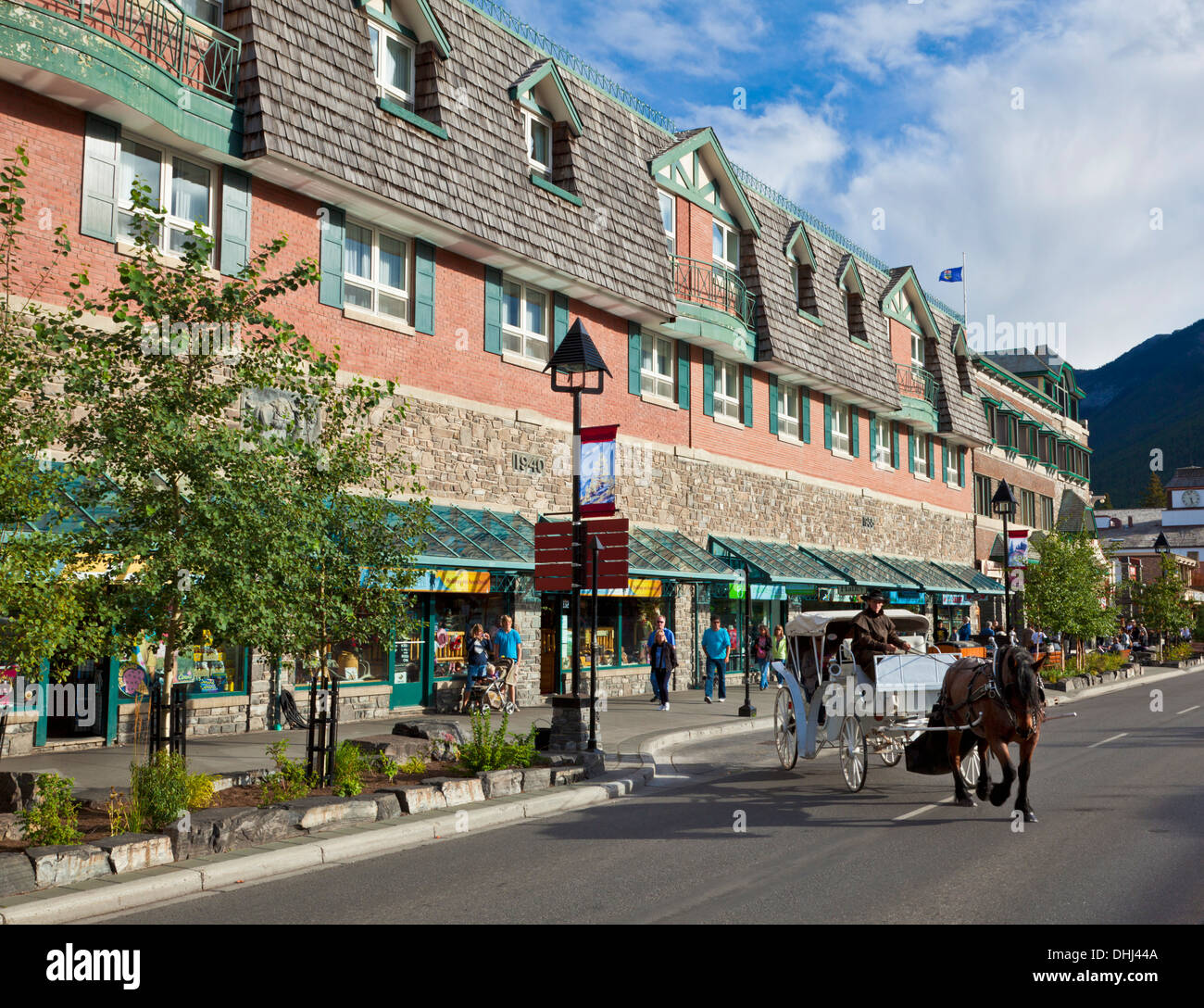 A horse drawn carriage tour of Banff  on Banff Avenue Banff town Banff National Park Alberta Canada Stock Photo