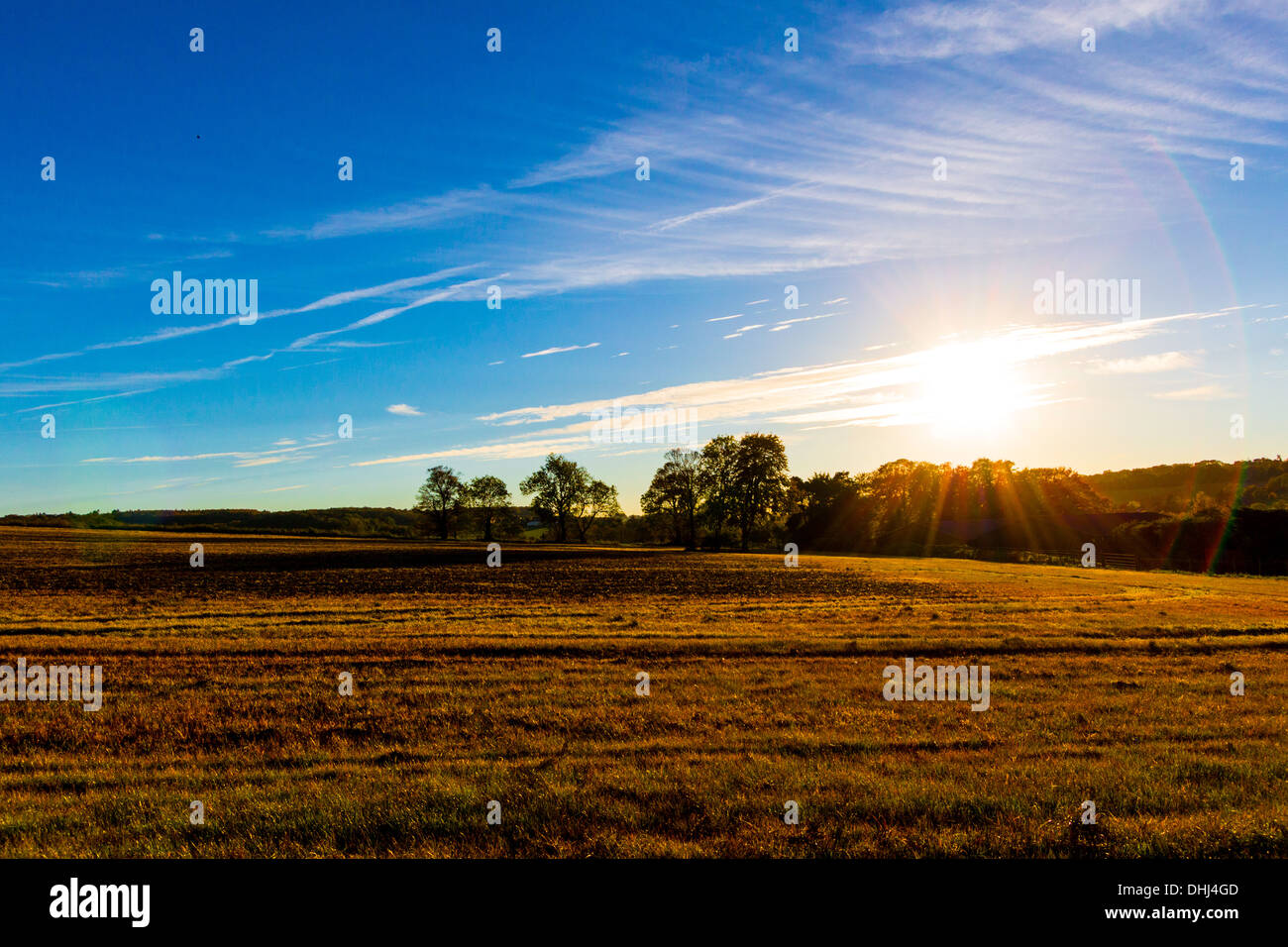 Fields in Kent England in Late Summer with blue sky Stock Photo