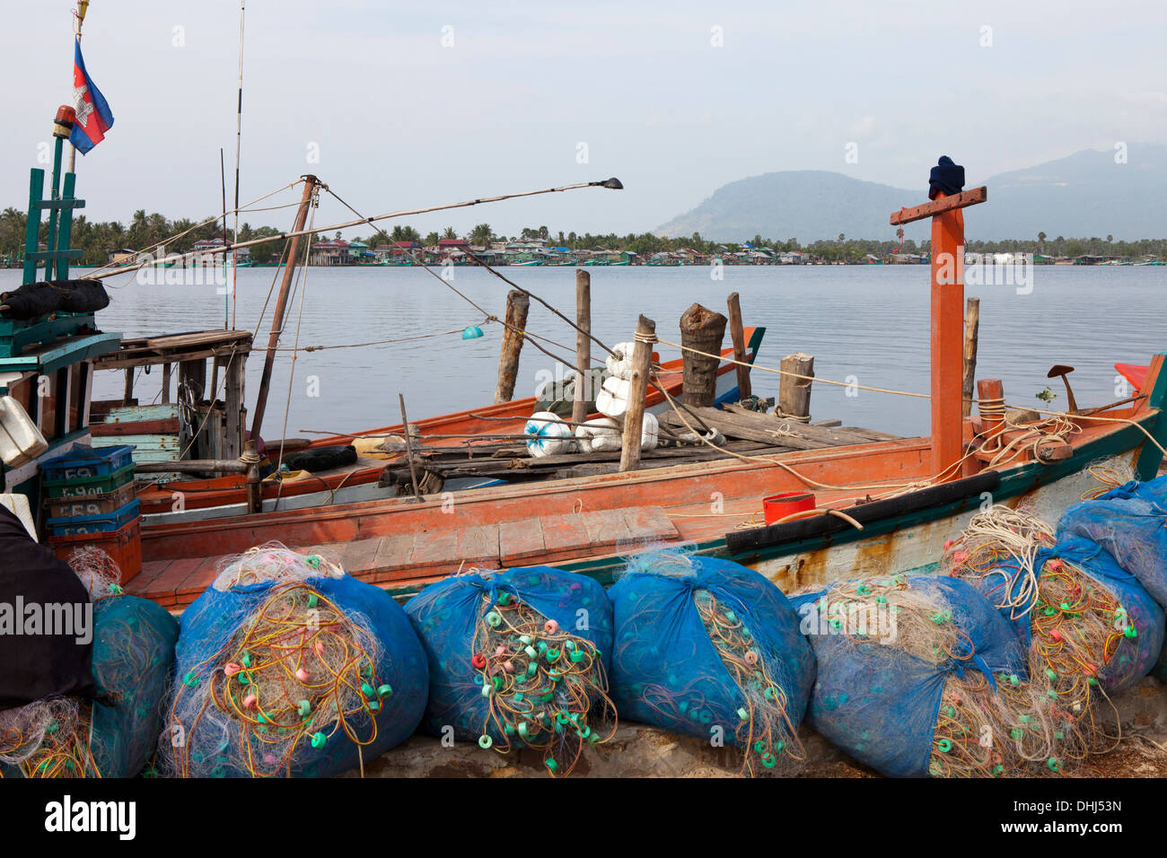 Fishing boats in Kampot at the Prek Thom River, Kampot province, Cambodia, Asia Stock Photo