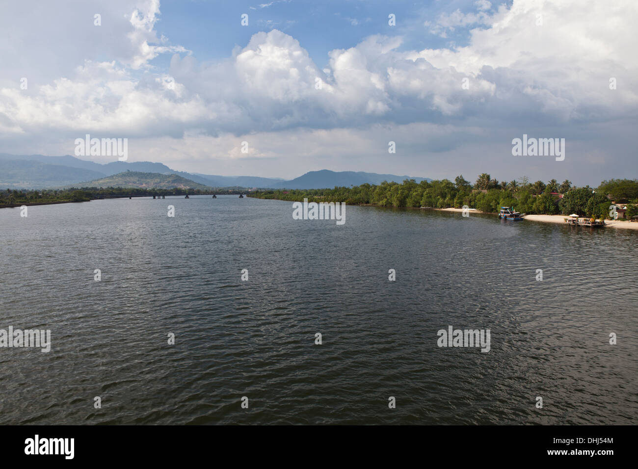 Prek Thom River in Kampot, Kampot province, Cambodia, Asia Stock Photo