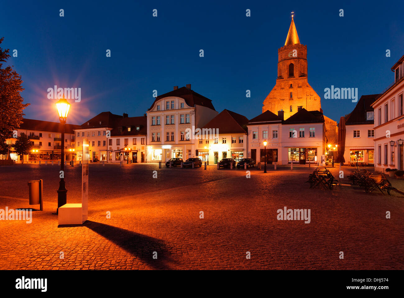 Market place and St. Mary's church at night, Beeskow, Land Brandenburg, Germany, Europe Stock Photo