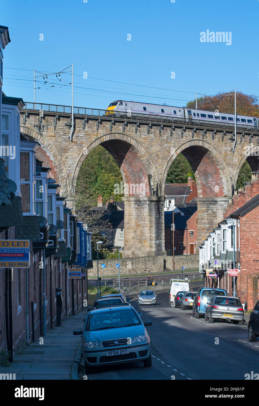 East Coast train crossing Durham railway viaduct , north east England
