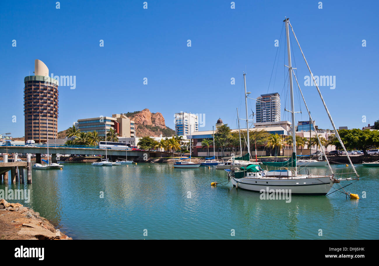 Australia, Queensland, Townsville, view of Ross Creek and the Townsville CBD with Castle Hil Stock Photo
