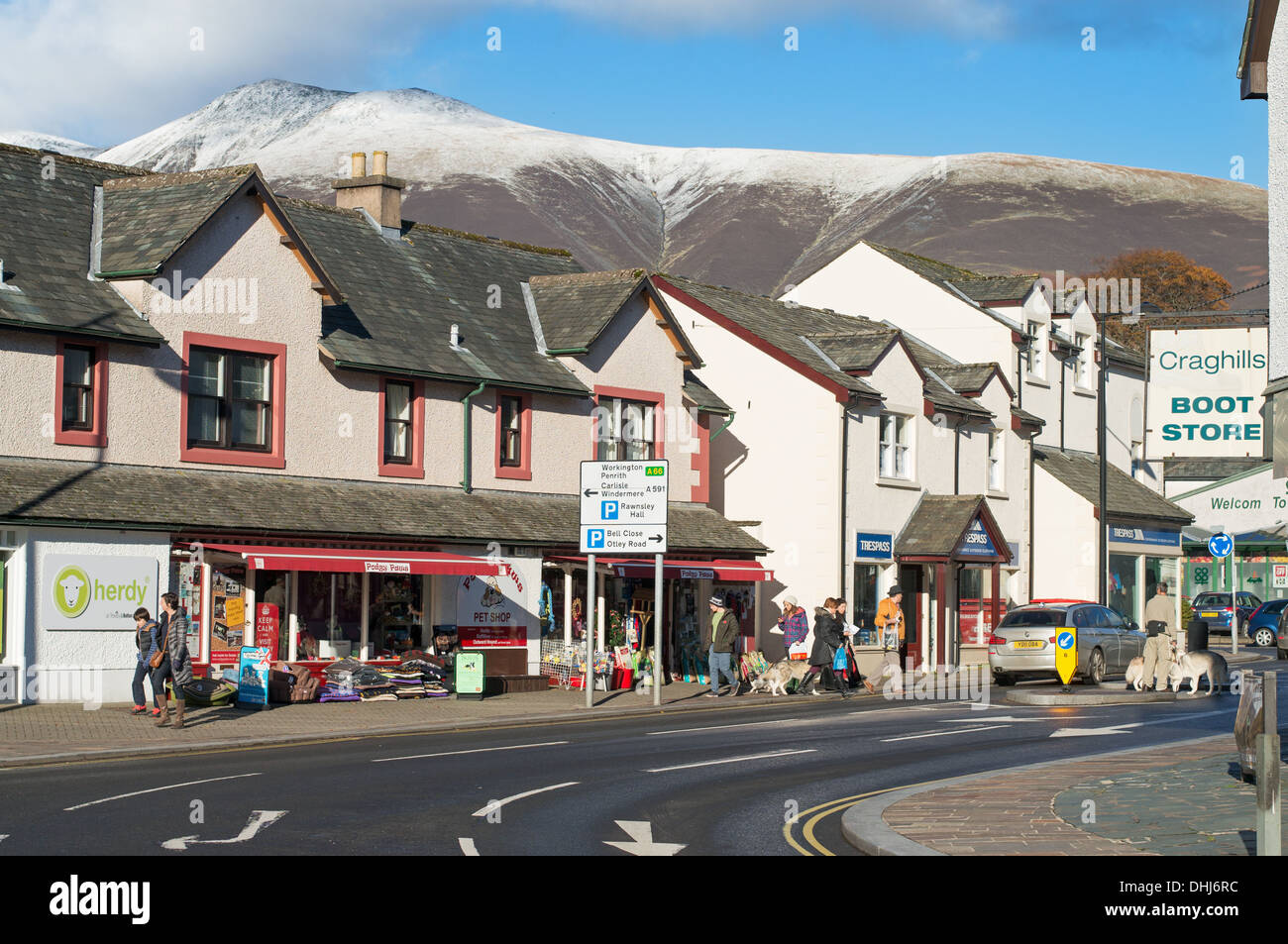 Keswick town centre shops in Tithebarn Street, Cumbria, England, UK