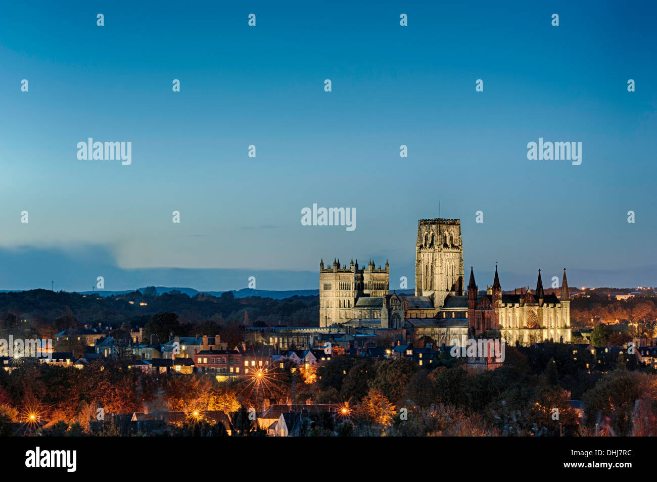 Durham Cathedral photographed in twilight during the early evening in November. Stock Photo