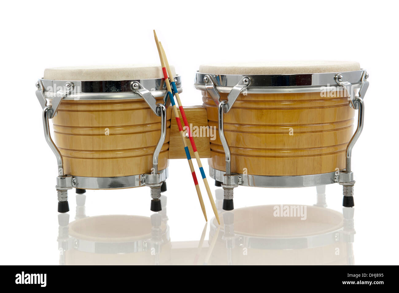 Modern light brown bongo set with drum sticks isolated in white Stock Photo