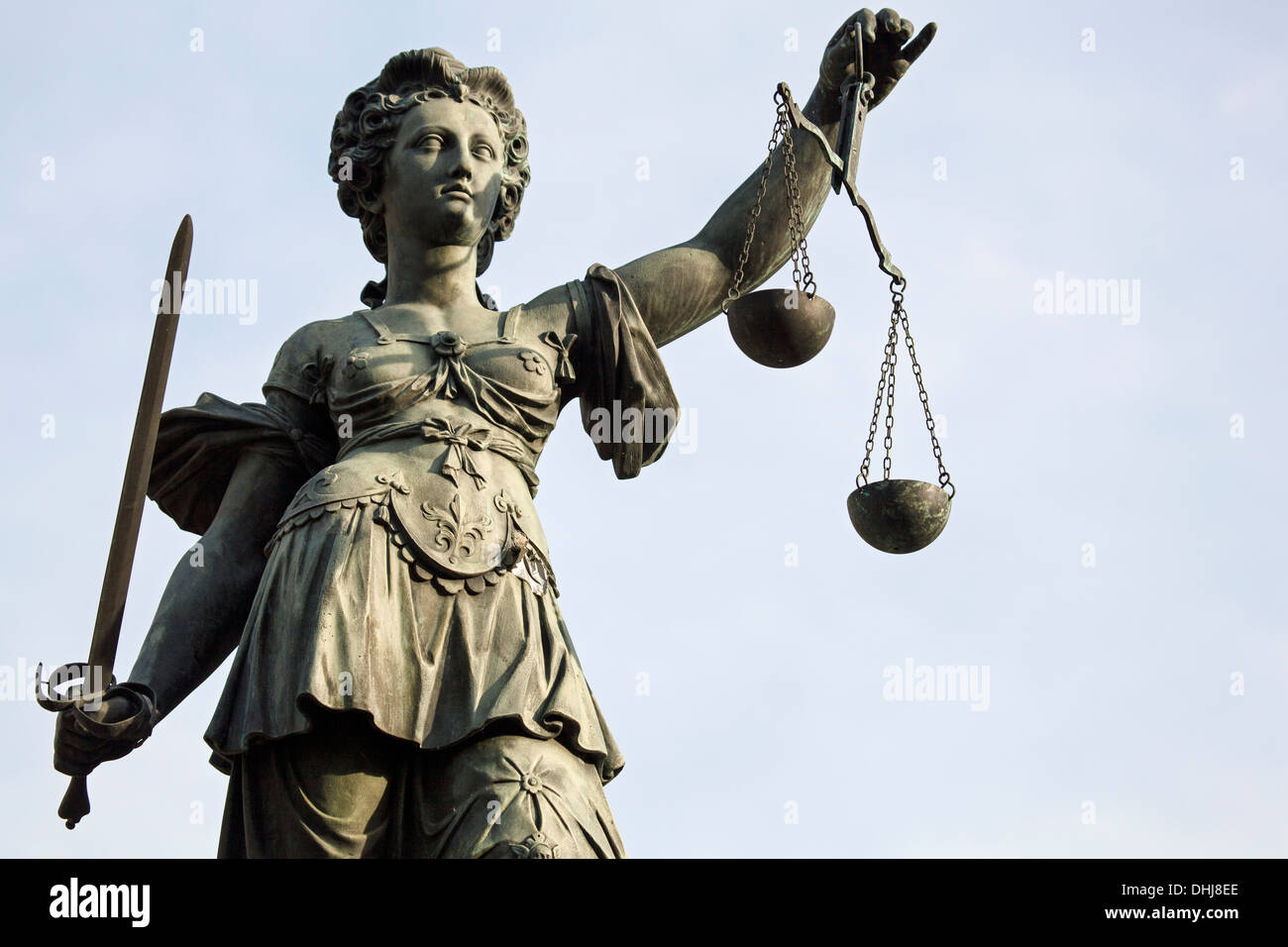 Sculpture of Lady Justice, Justitia on the Römerplatz in Frankrfurt am Main, Germany Stock Photo
