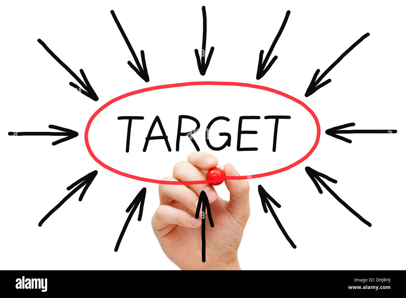 Hand sketching Target concept with red marker on transparent wipe board