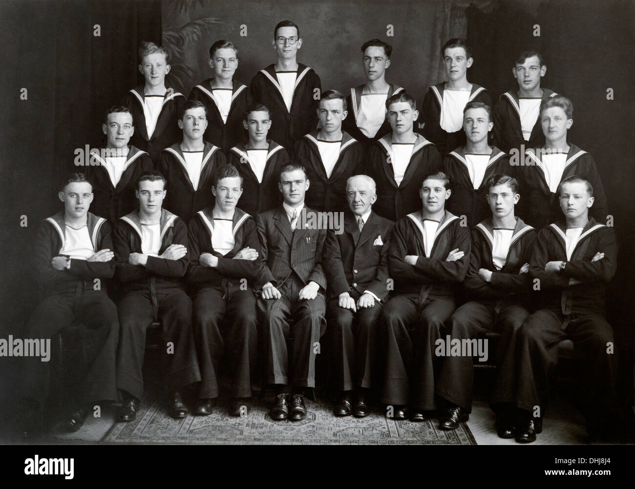 Ships company, minesweeper, official photograph of naval crew. Historical Stock Photo
