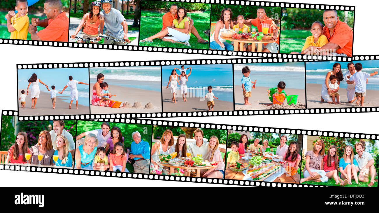 Montage of happy multi-ethnic mixed race families couples parents and children men women boys & girls enjoying healthy lifestyle Stock Photo